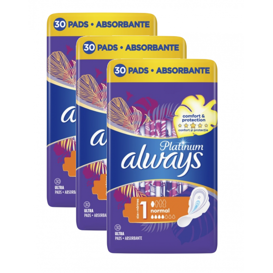 Always Platinum Normal, absorbante periodice cu aripioare, 3 pachete x 30, 90 buc