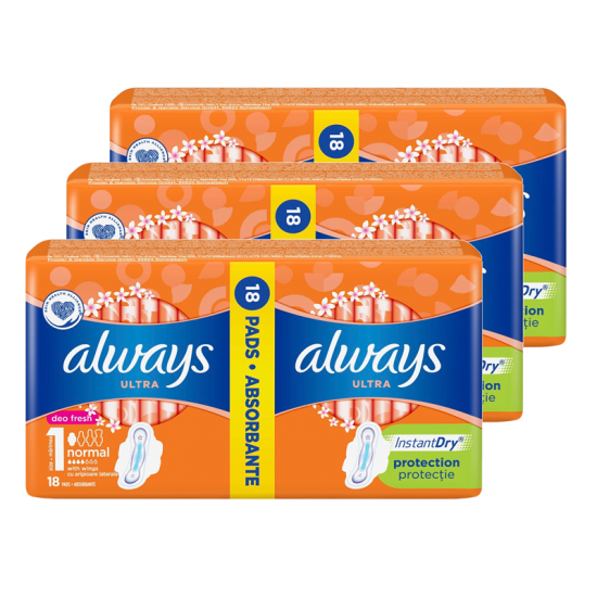 Always Ultra, absorbante periodice cu aripioare, 3 pachete x 18, 54 buc