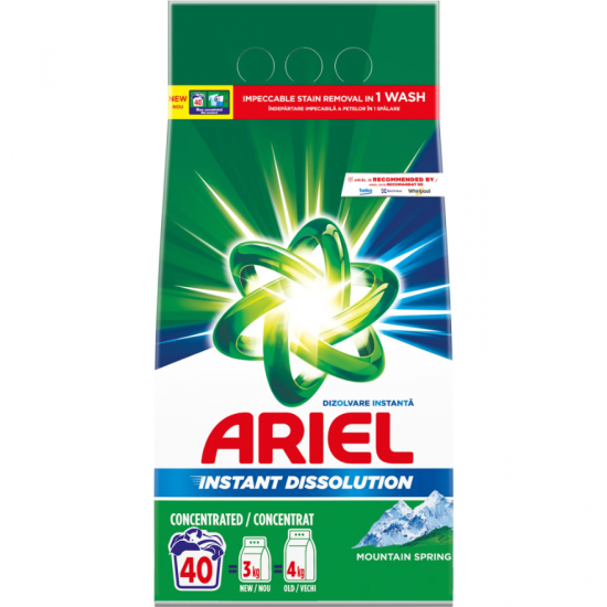 Ariel Mountain Spring, detergent rufe pudra dizolvare instanta, 40 spalari, 3 kg