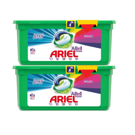 Pack 2 x Ariel All in One Touch of Lenor, detergent rufe automat, 37 capsule, 74 spalari