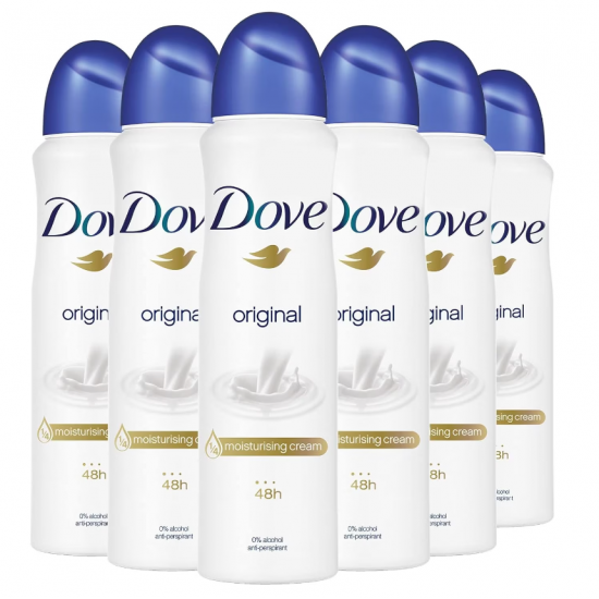 Dove Original, deodorant spray cu 1/4 crema hidratanta, 48h protectie, 6 x 150 ml