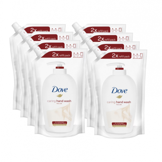 Pack 8 x Rezerva sapun lichid Dove Silk, 1/4 crema hidratanta, 500 ml