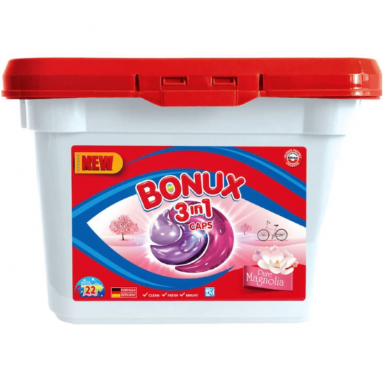Bonux 3in1 Pure Magnolia, detergent rufe automat, 22 capsule