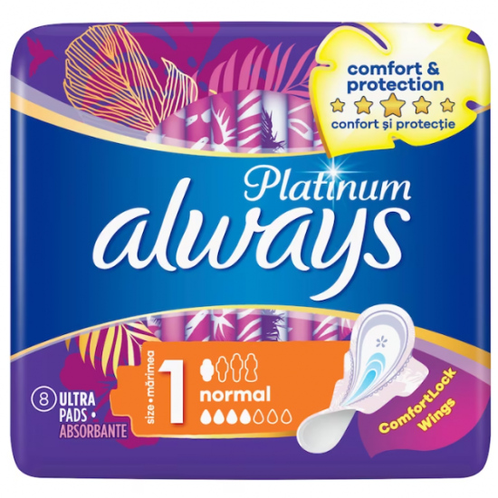 Always Platinum, absorbante periodice de zi cu aripioare, 8 buc/pachet