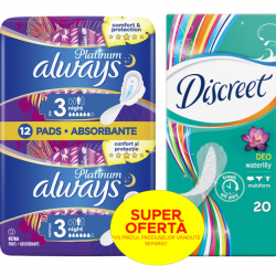 Pachet: Absorbante Always Platinum Night, 12 buc + Absorbante zilnice Discreet Waterlily, 20 buc