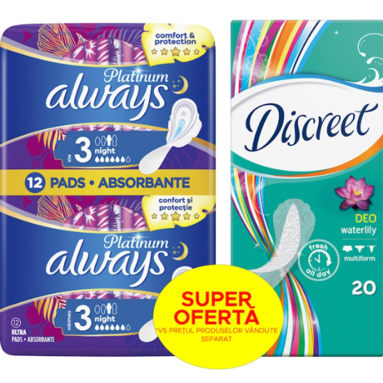 Pachet: Absorbante Always Platinum Night, 12 buc + Absorbante zilnice Discreet Waterlily, 20 buc