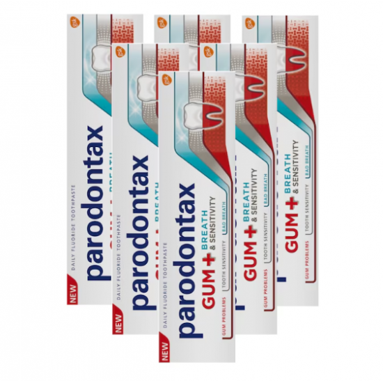 Parodontax Gum+, Breath and Sensitivity, pasta de dinti cu fluor, 6x75 ml