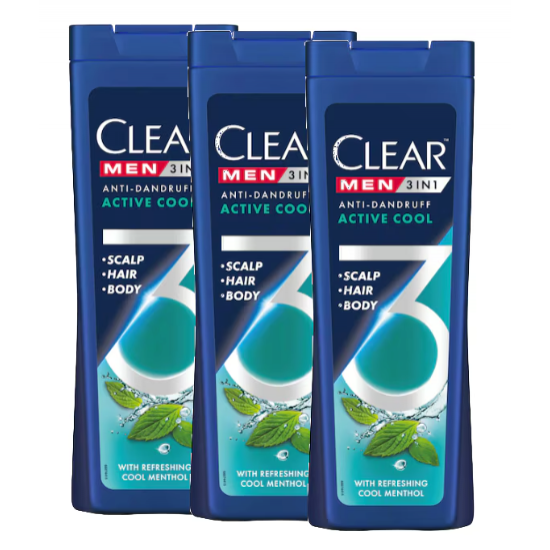 Clear Active Cool 3in1, sampon anti-matreata barbati, 3 x 360 ml
