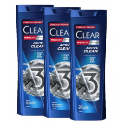 Clear Active Clean 3in1, sampon pentru barbati , 3 x 360 ml