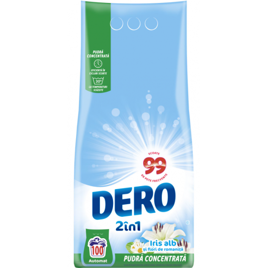 Dero 2in1 Iris Alb, detergent de rufe pudra, 7.5 kg, 100 spalari