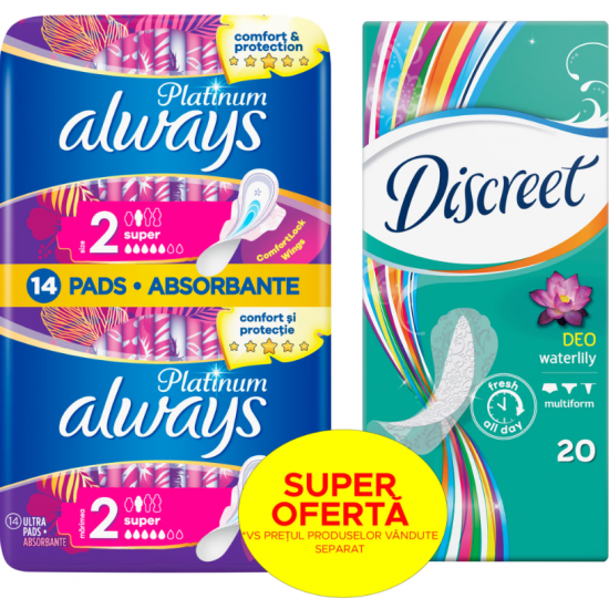 Always Platinum Super, absorbante periodice, 14 buc + Absorbante zilnice Discreet Waterlily, 20 buc