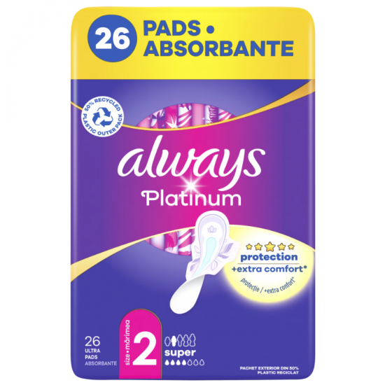 Always Platinum Super, absorbante periodice cu aripioare, 26 buc
