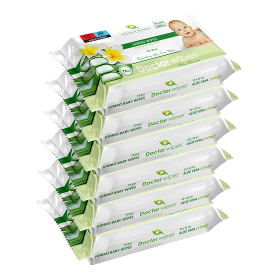 Doctor Wipes Aloe Vera, servetele umede bebe, 22 x 25 cm, 6 pachete x 72, 432 buc