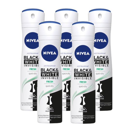 Nivea Black & White Invisible Fresh, antiperspirant spray femei, 48h protectie, 5x150 ml