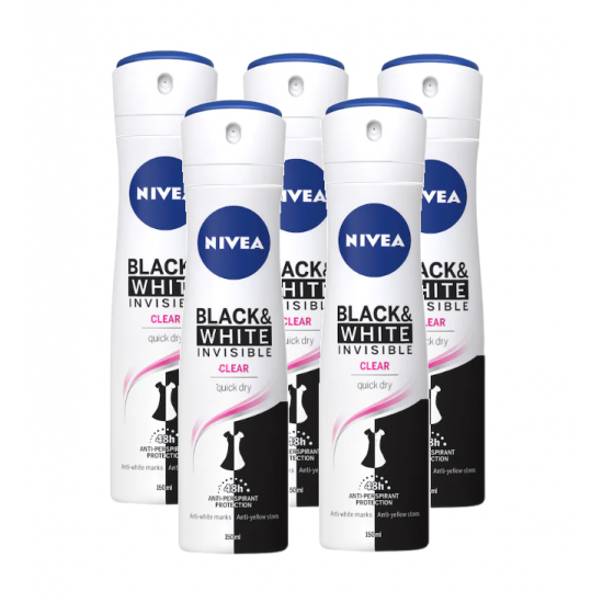 Nivea Black & White Invisible Clear, antiperspirant spray femei, 48h protectie, 5x150 ml