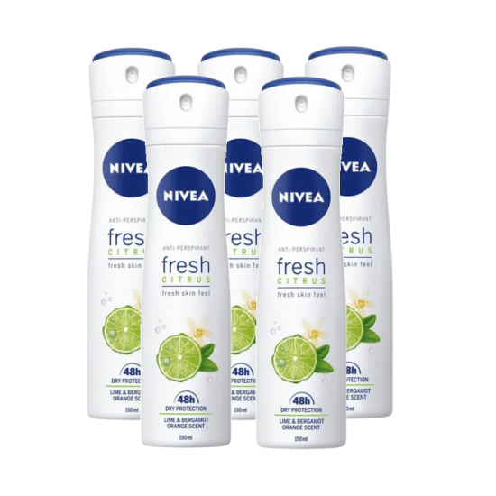 Nivea Fresh Citrus, antiperspirant spray femei, 48h protectie, 5x150 ml	