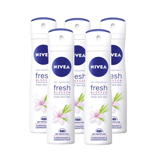 Nivea Fresh Blossom, antiperspirant spray femei, 48h protectie, 5x150 ml	
