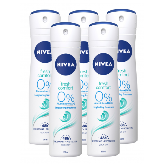 Nivea Fresh Comfort, antiperspirant spray femei, 0% aluminiu, 5x150 ml	