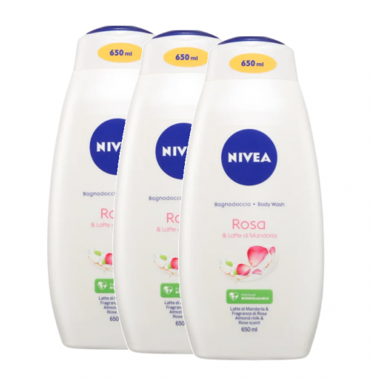 Nivea Rosa & Lapte de migdale, gel de dus hidratant, 3x650 ml