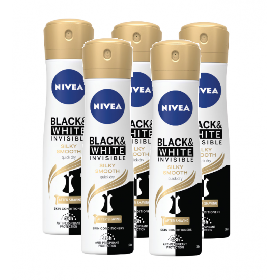 Nivea Black & White Invisible Silky Smooth, antiperspirant spray femei, 48h protectie, 5x150 ml