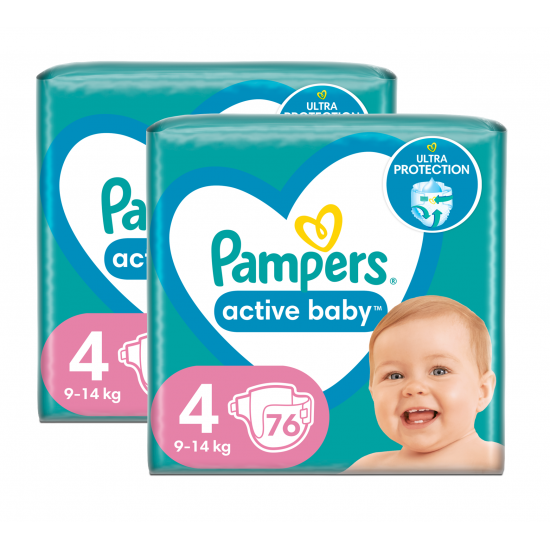 Pampers Active Baby, scutece marimea 4, 9-14 kg, 2 pachete x 76, 152 buc