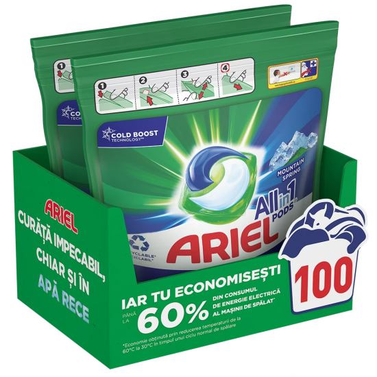 Ariel All In One Mountain Spring, 2 pachete x 50 capsule, 100 spalari
