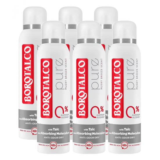 Borotalco Pure, deodorant spray unisex 0% aluminiu, 6 buc x 150 ml
